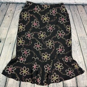 Sag Harbor Vintage Y2K Colorful Retro Floral Flared Hem Black Midi Skirt Size 16